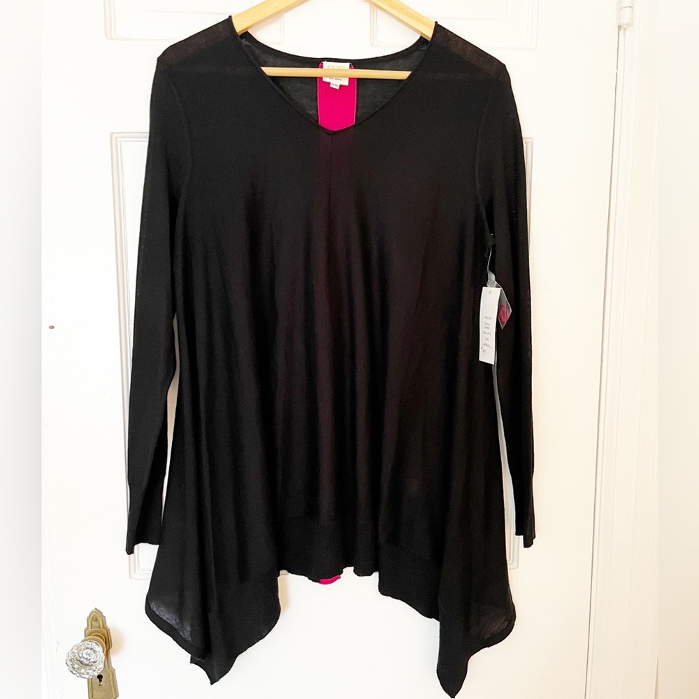 Boo Gemes St Barths Sweater Black with Magenta Stripe down Back S/M Tunic Length
